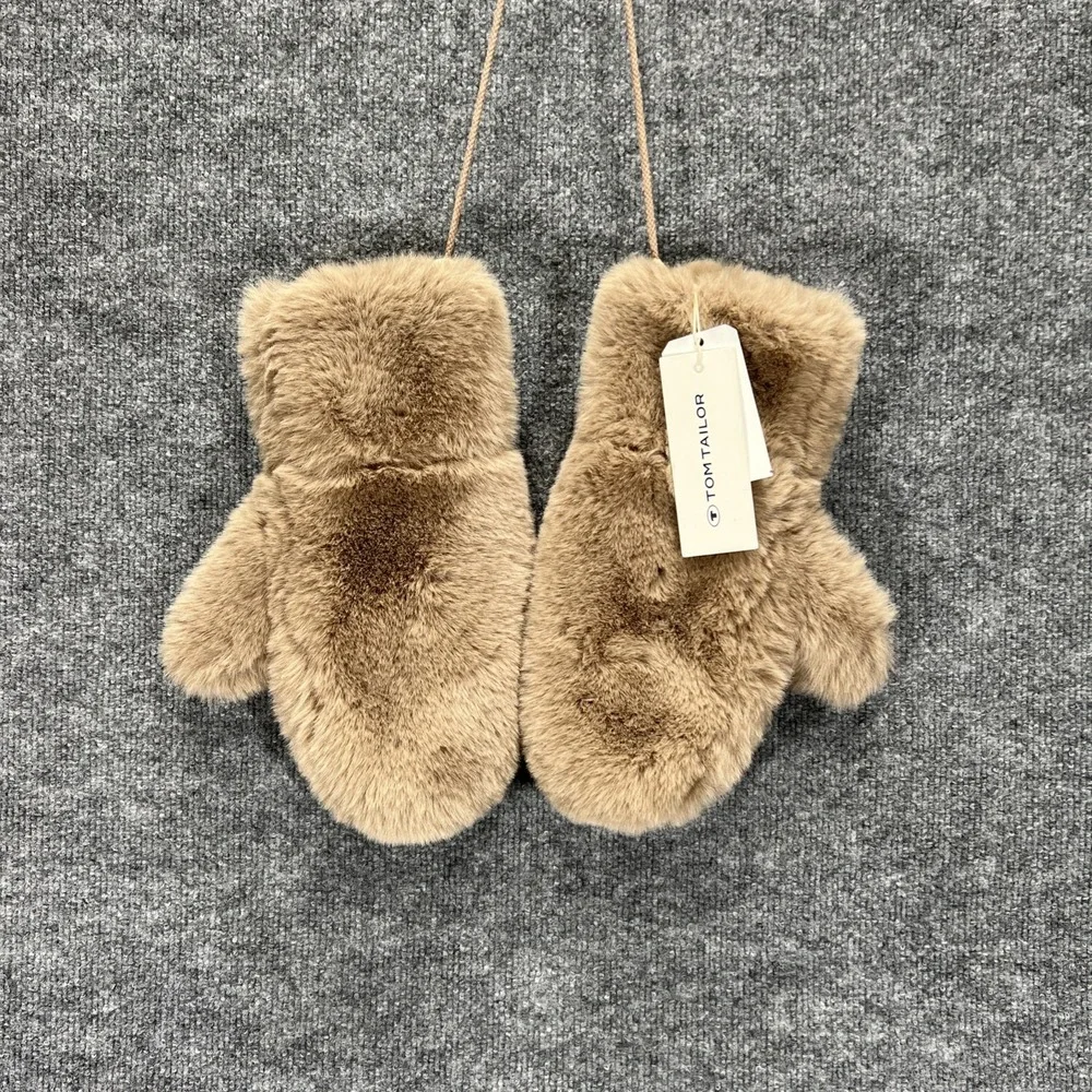 NEW Tom Tailor Women's Faux Fur Mittens Gloves Beige Brown Cozy Warm Winter